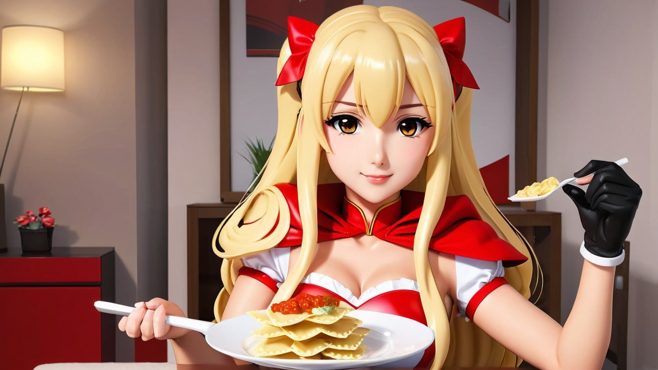 Anime Character with Blonde Hair Enjoying Pasta