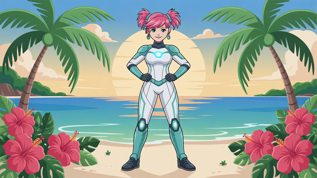 Cartoon superhero girl illustration on a beach scene