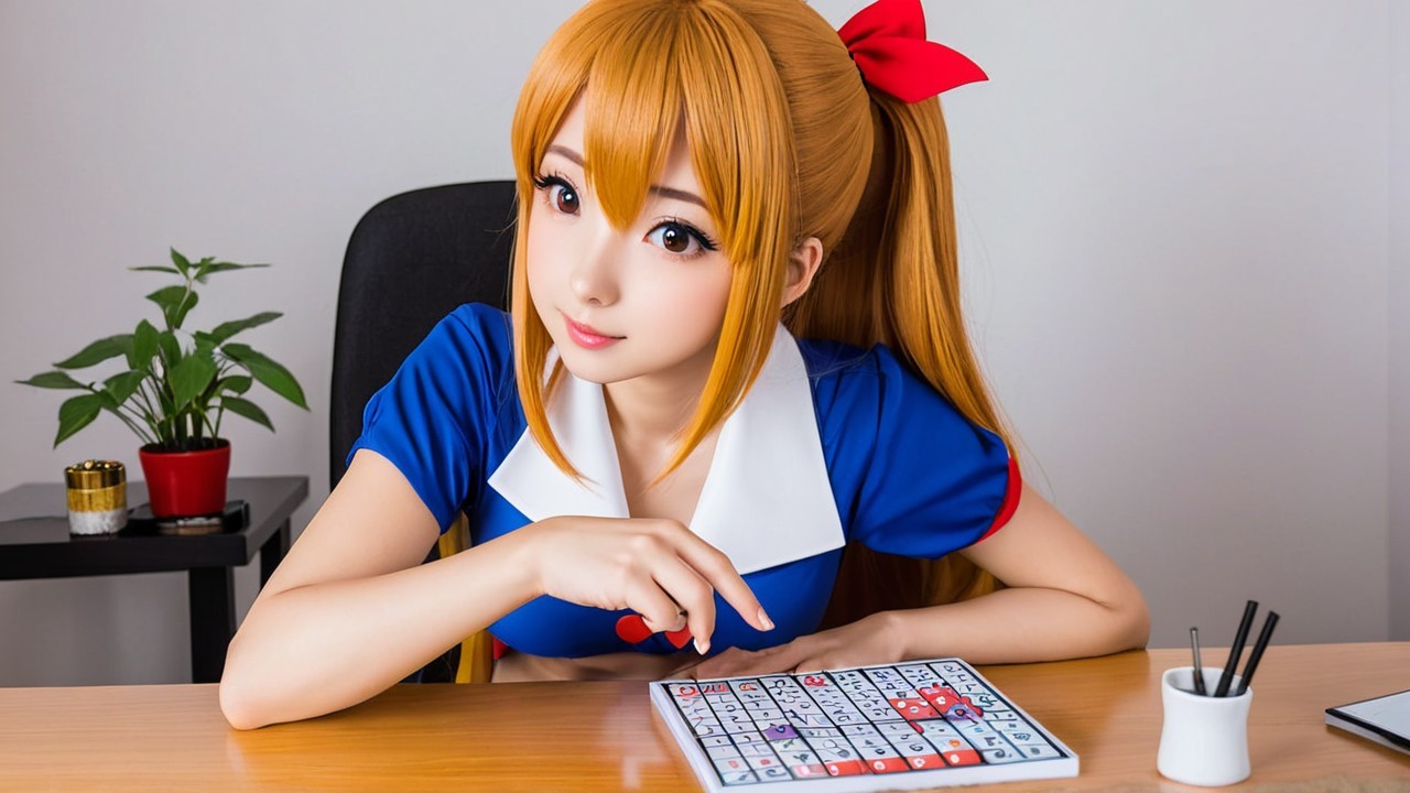 Young woman with bingo card at a colorful desk