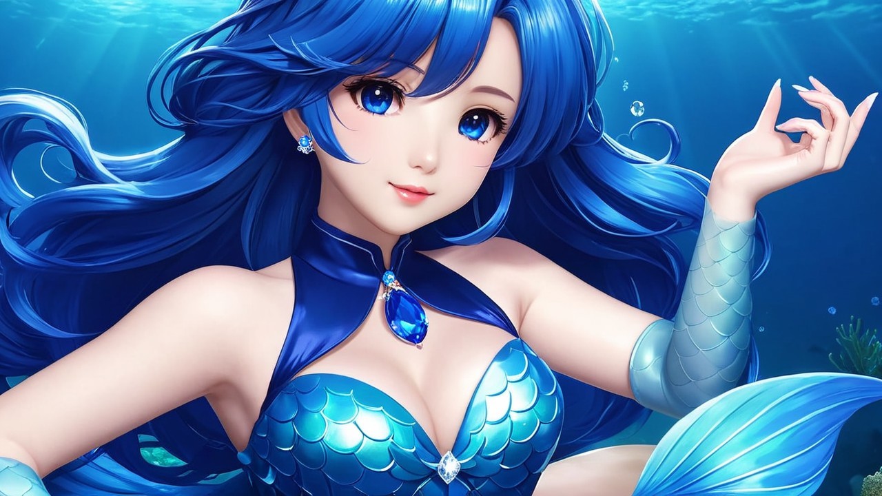 Underwater Scene with Mermaid and Vibrant Blue Hair