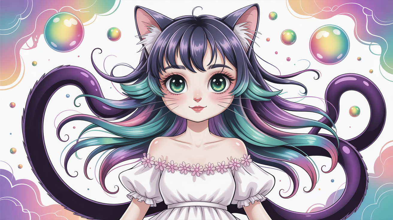 Anime-style cat girl illustration in pastel dreamscape