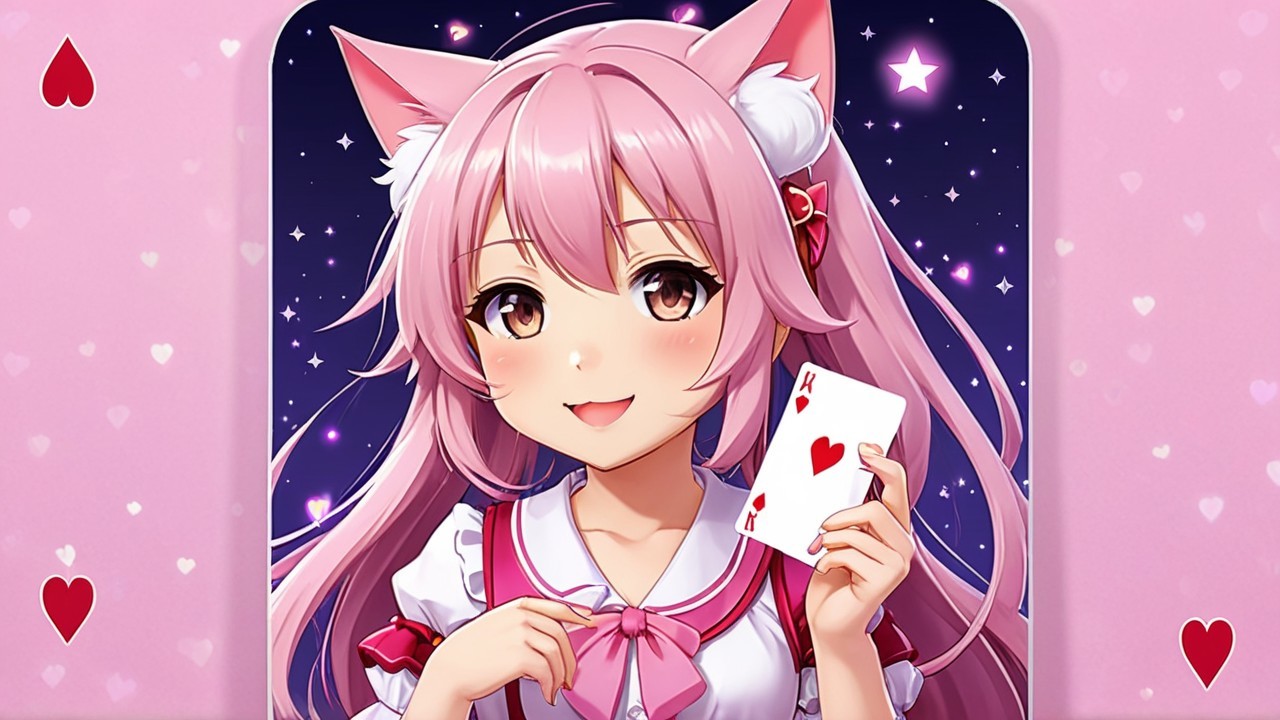 Cheerful anime character with pink hair and cat ears
