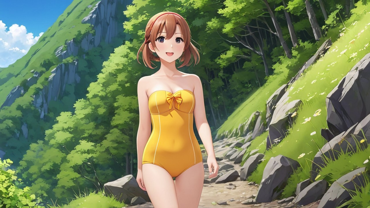 Young girl in yellow swimsuit on a rocky path