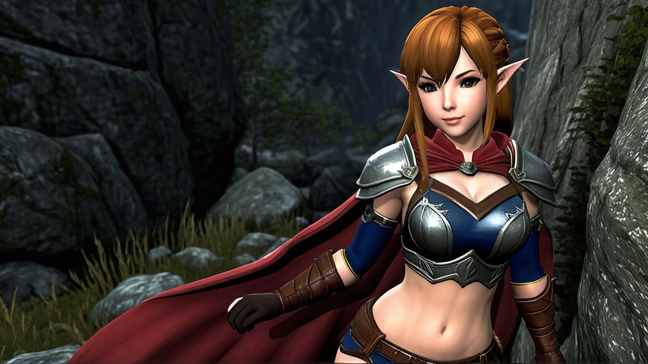 Elven Fantasy Character in Rocky Landscape with Greenery