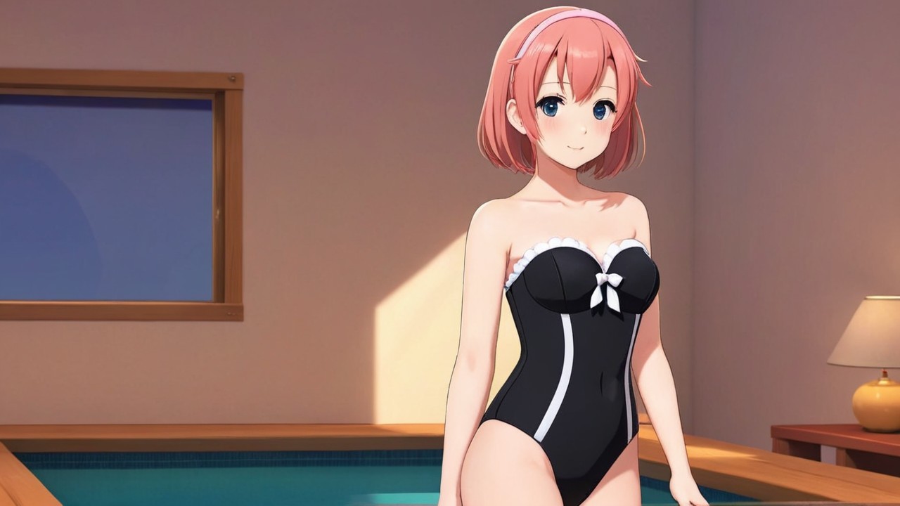 Stylized character in a bright room with pool setting