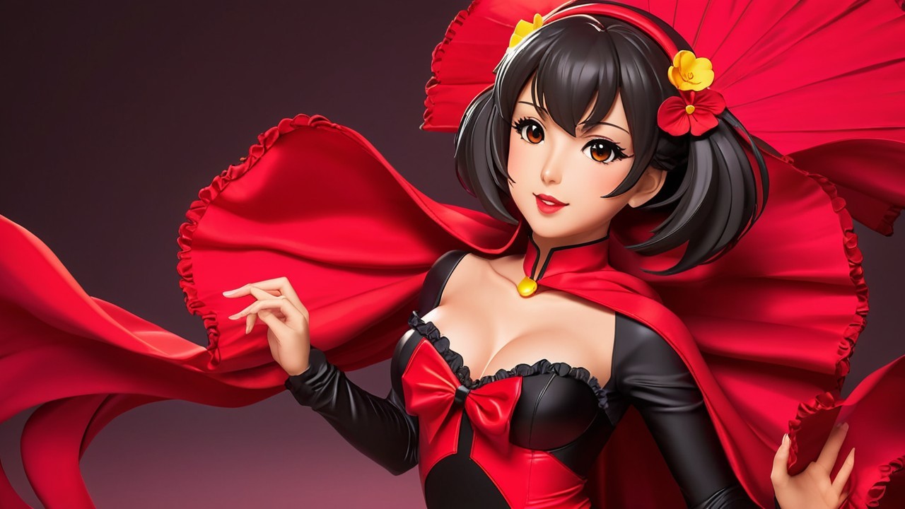 Stylized female character in red outfit with cape