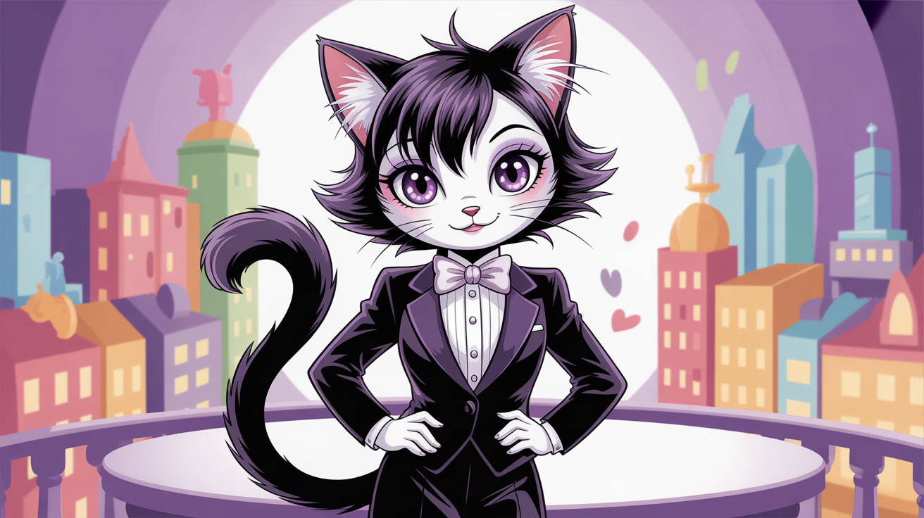 Stylish cartoon cat in tuxedo on balcony setting