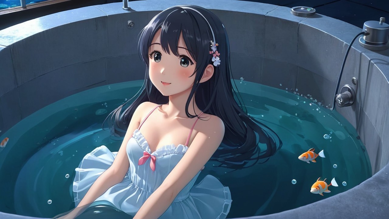 Girl in Bathtub Surrounded by Colorful Goldfish