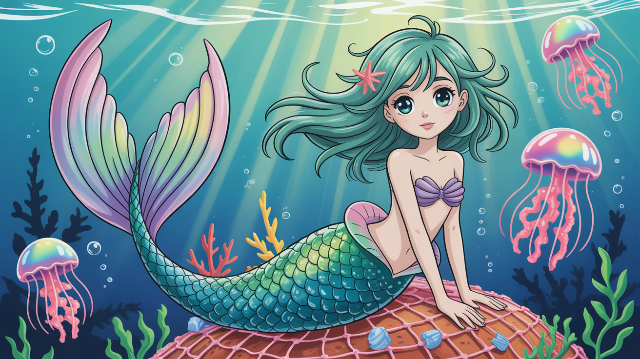 Anime-style mermaid illustration on ocean floor