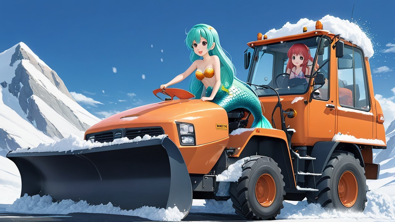 Bright Orange Snowplow in Snowy Mountain Landscape