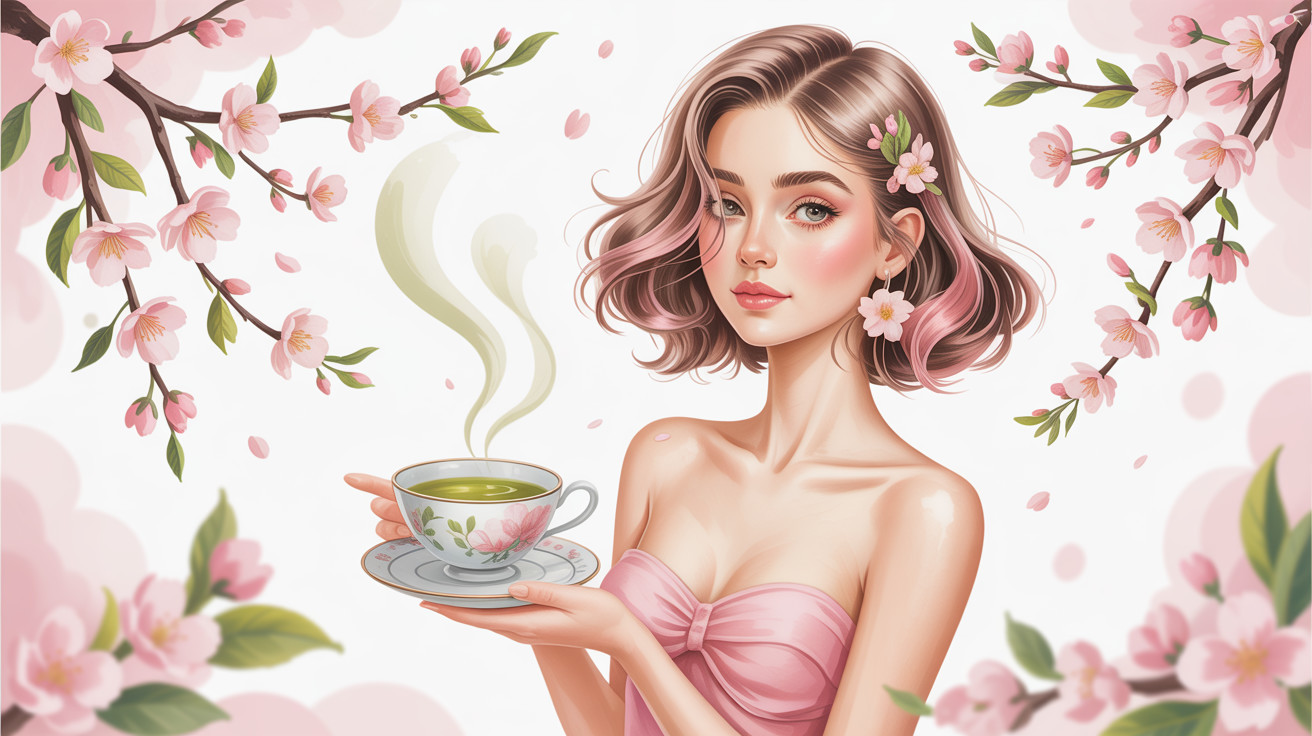 Anime girl with pink hair in a floral tea setting