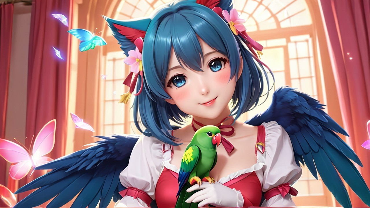 Character with Blue Hair and Cat Ears in a Sunlit Room