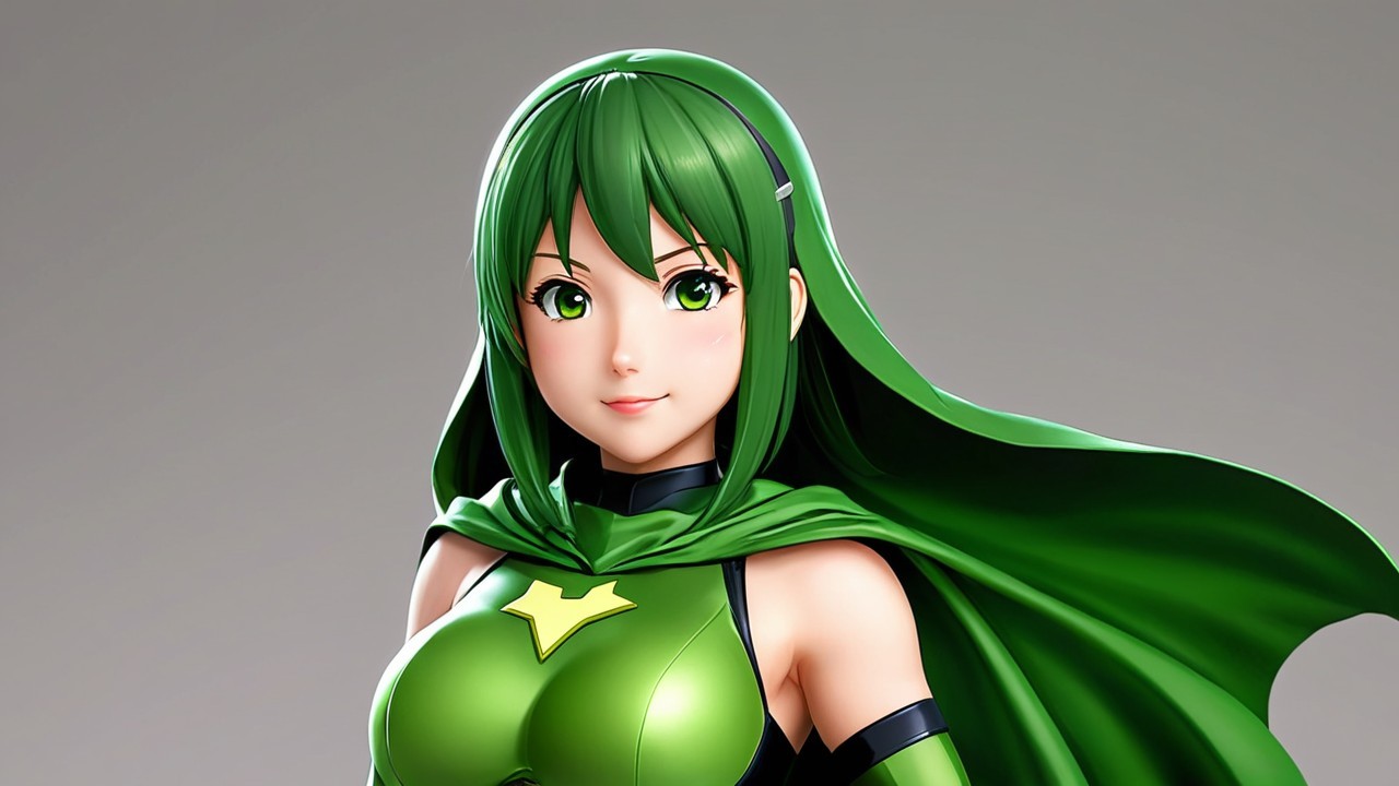 Stylized Character with Green Hair and Outfit