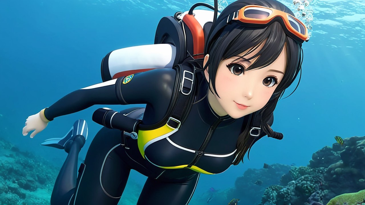 Underwater Scene with Diver and Colorful Coral Reefs