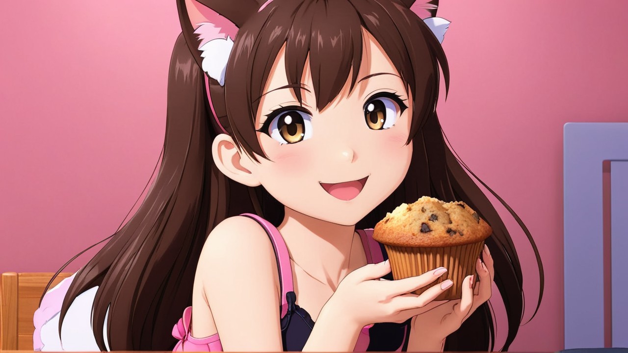 Animated character with cat ears holding a muffin
