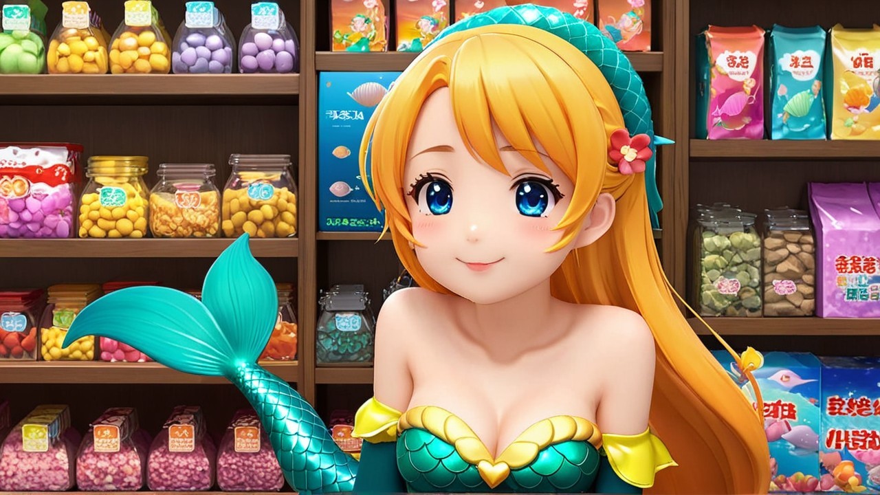 Cheerful Anime Mermaid in Colorful Candy Shop