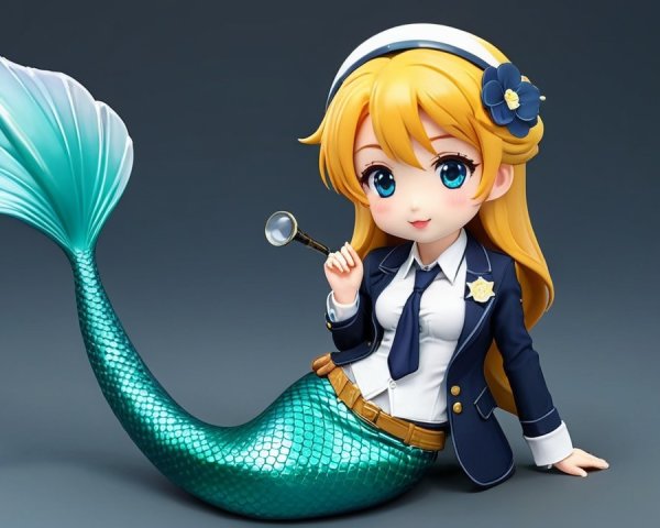 Stylized mermaid character with blonde hair and blue eyes