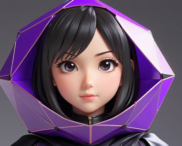 Stylized character with geometric hood in purple and black