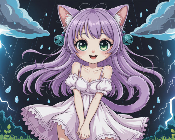 Kitsune girl in magical forest during thunderstorm