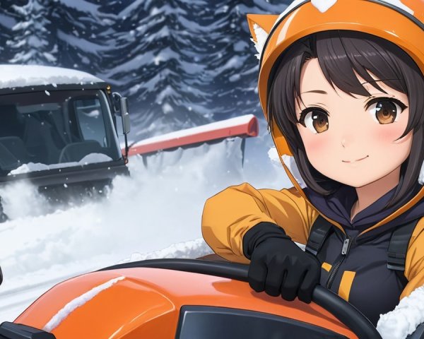 Young girl in cat-eared helmet in snowplow scene
