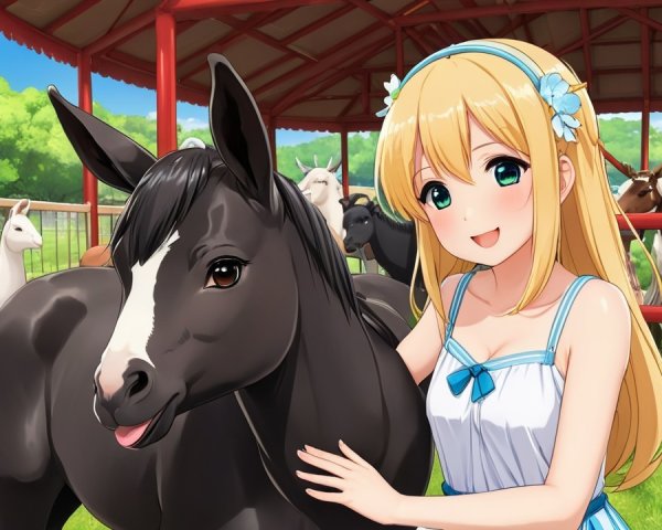 Young girl with blonde hair pets black horse in barnyard