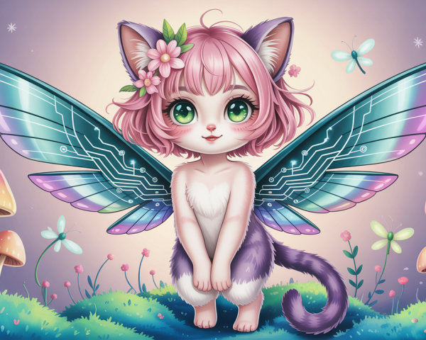 Chibi-style kitten creature in a magical forest setting
