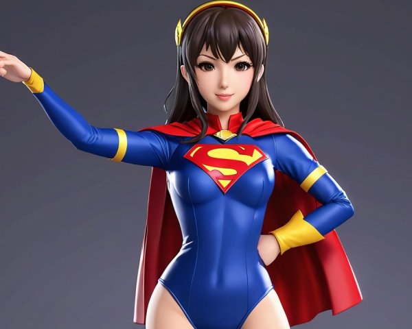 Stylized female superhero in blue suit with cape