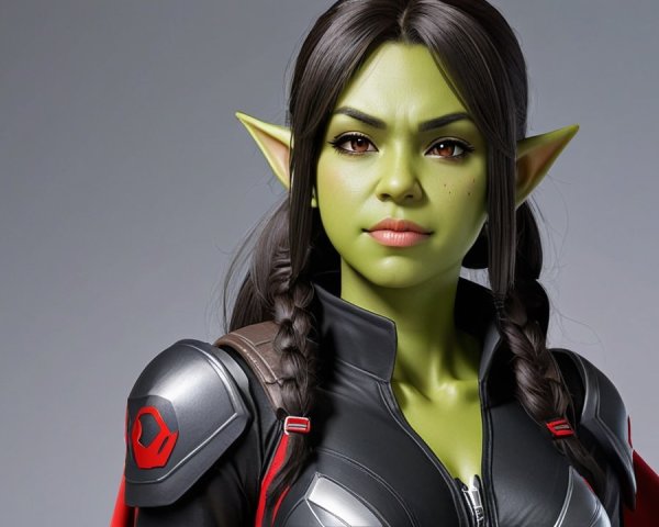 Female Character with Green Skin in Black Suit