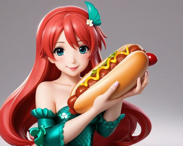 Anime Character with Red Hair and Hot Dog in Green Outfit
