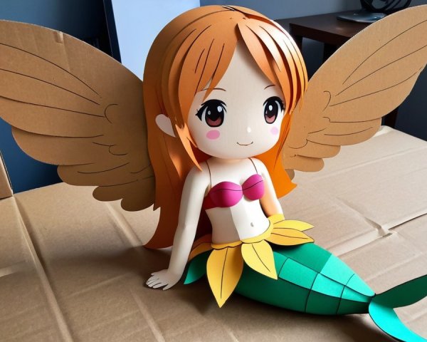 Whimsical paper craft mermaid with feathered wings
