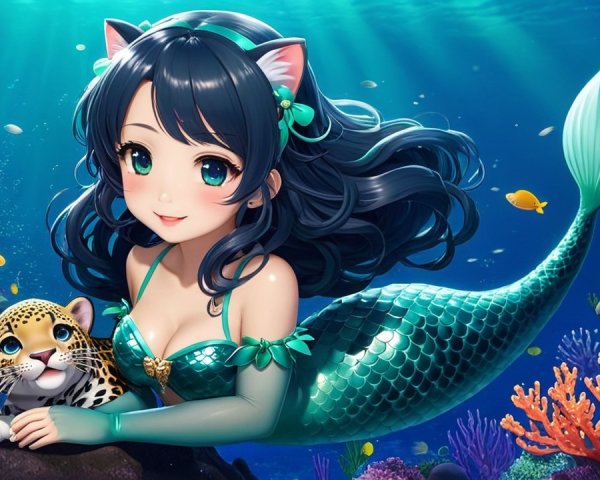 Underwater Scene with Mermaid and Leopard Cub