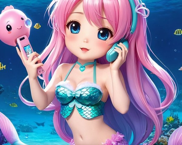 Animated mermaid girl in colorful underwater scene