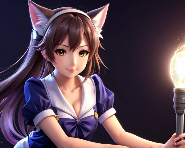 Youthful character with cat ears and glowing lightbulb