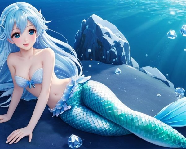 Mermaid with blue hair and turquoise tail underwater