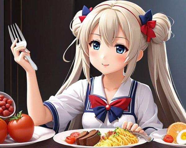 Cheerful anime girl at a dining table with food