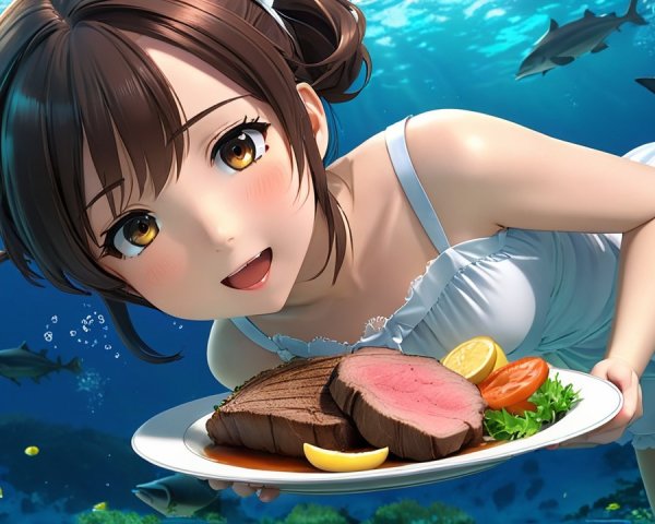 Cheerful girl underwater with gourmet steak dish