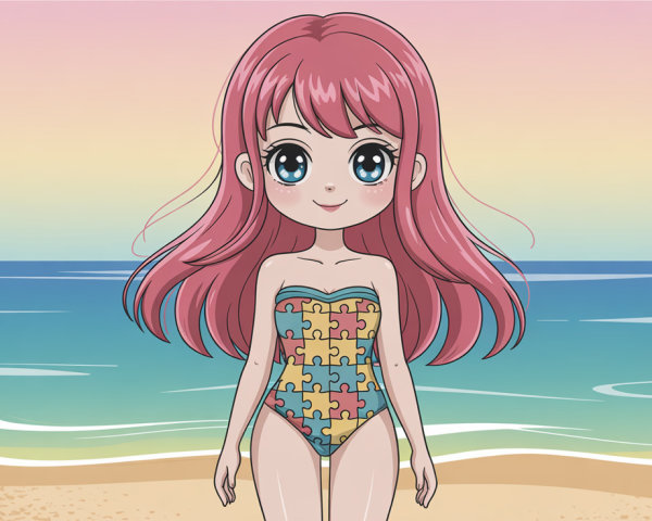 Colorful Anime Drawing of Girl on Beach with Swimsuit
