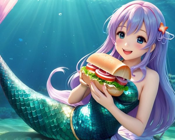 Whimsical Underwater Scene with Mermaid and Sub Sandwich