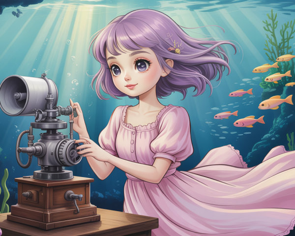 Anime Girl with Purple Hair Operating Phonograph Underwater