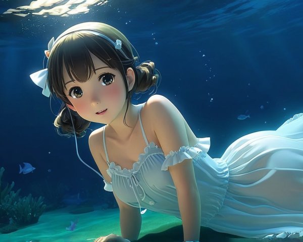 Anime Illustration of Girl Underwater with Fish