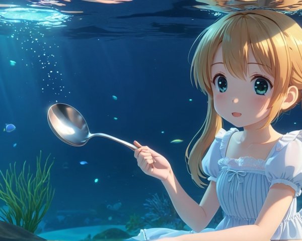 Young girl underwater with spoon and colorful fish