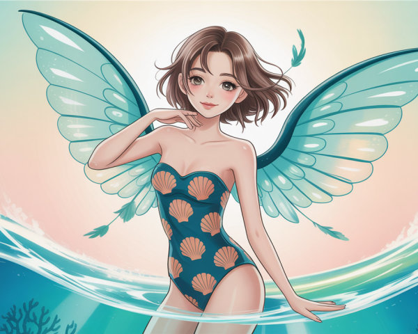 Anime Fairy in Turquoise Water with Teal Wings