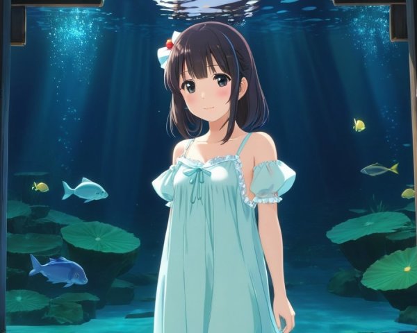 Young girl underwater with fish and lily pads