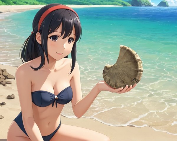 Young woman on beach with seashell and turquoise waves