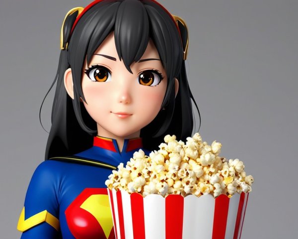 Young woman in superhero costume with popcorn bucket