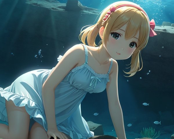 Young girl in blue dress underwater with fish and light
