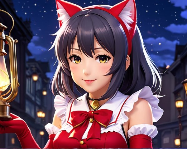 Young woman in festive red outfit with lantern at night