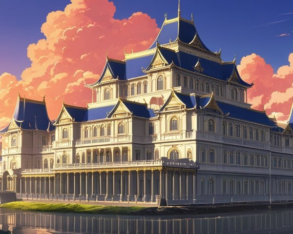 Majestic palace with intricate architecture and sunset sky