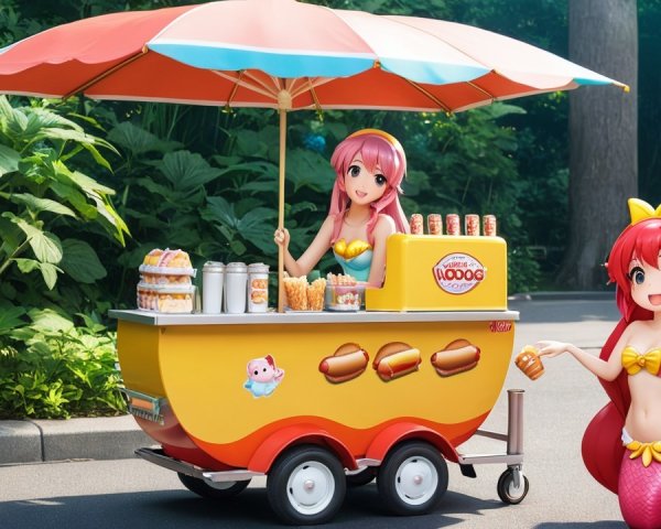 Colorful Food Cart with Mermaid Vendor in Park
