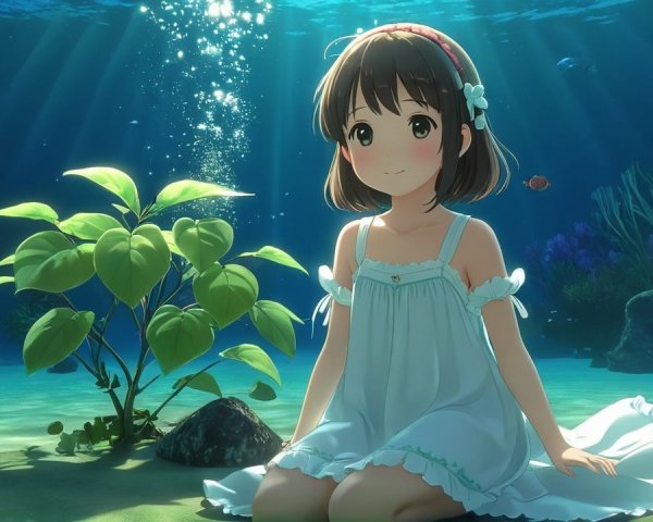 Young girl in blue dress on ocean floor with plants